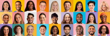 Positive people with painted faces with flags