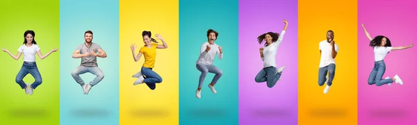Glädjande olika grupp hoppar upp på färgglada bakgrunder, collage — Stockfoto