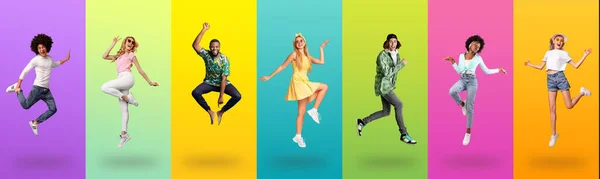 Joyful multiracial people jumping up on colorful backgrounds, collage — 스톡 사진