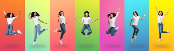 Joyful young women jumping up on colorful backgrounds, collage — Photo