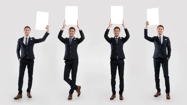 Ευτυχής άνθρωπος κρατώντας κενό λευκό διαφημιστική πινακίδα στο στούντιο, κολάζ — Φωτογραφία Αρχείου