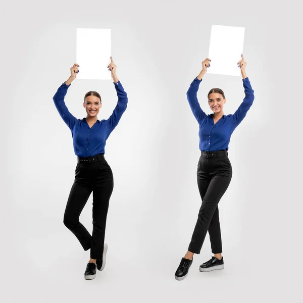 Businesswoman holding blank white advertising billboard at studio, collage — Foto de Stock