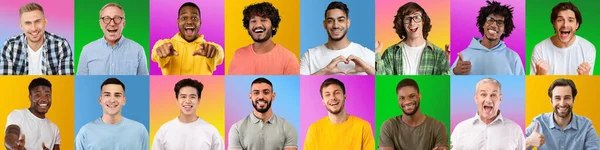 Міжнародна група чоловіків позують на барвистому фоні, колажі — стокове фото
