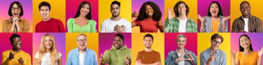 International group of people gesturing on colorful backgrounds, collage