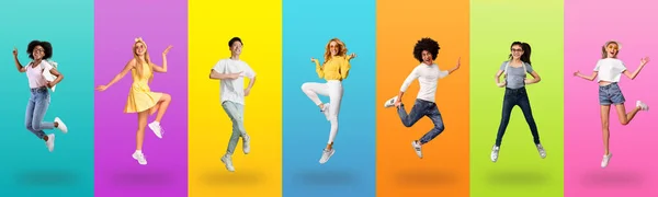 Joyful multiracial people jumping up on colorful backgrounds, collection — Stockfoto