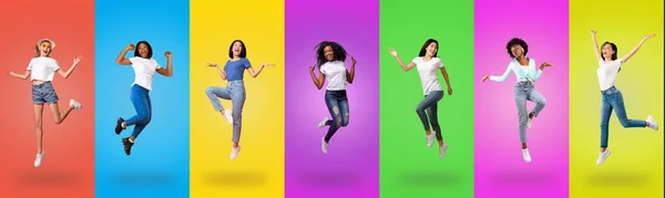 Χαρούμενες νεαρές κυρίες πηδούν πάνω σε πολύχρωμα υπόβαθρα, κολάζ — Φωτογραφία Αρχείου