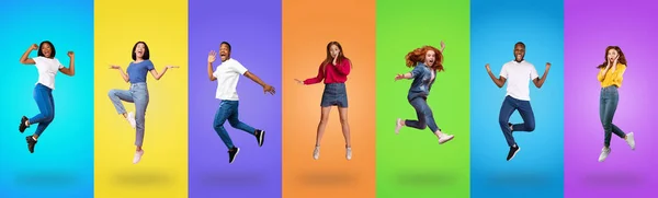 Millennials emocionais pulando no ar em fundos de estúdio, colagem — Fotografia de Stock