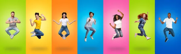 Joyful multiracial people jumping up on colorful backgrounds, collage set — 스톡 사진