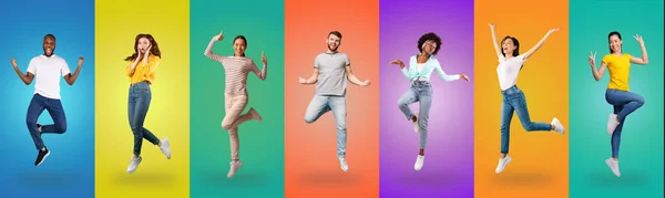 Mosaic of positive multinational young people jumping on studio backgrounds — Photo
