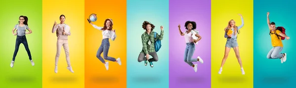 Joyful multiracial students jumping up on colorful backgrounds, collection — Stock Fotó