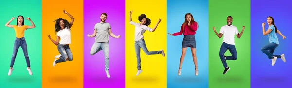 Emotional young guys and ladies leaping on colorful backgrounds — Stock Photo, Image