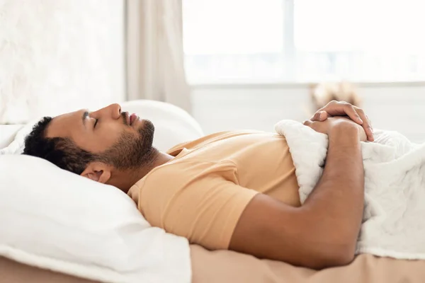 Arabic Young Man Sleeping Lying On Back Resting In Bedroom — Zdjęcie stockowe