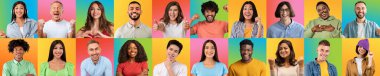 Collage of happy multiracial people avatars on studio backgrounds