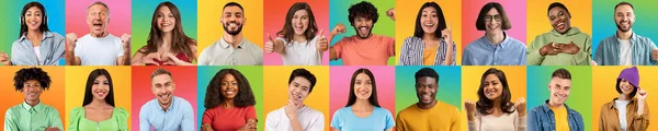 Colagem de avatares de pessoas multirraciais felizes em fundos de estúdio — Fotografia de Stock