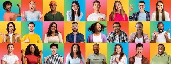 Uppsättning glada multietniska människor som delar positiva känslor — Stockfoto