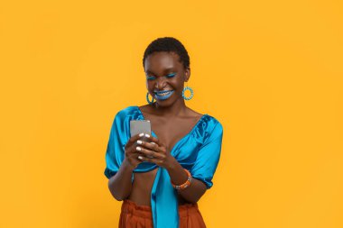 Cute black lady in love chatting with boyfriend