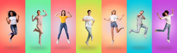 Opgewonden millennials springen in de lucht op studio achtergronden — Stockfoto