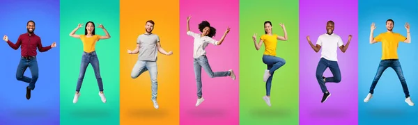 Alegres millennials multiculturales saltando y haciendo gestos, collage —  Fotos de Stock