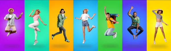 Colagem de pessoas felizes millennial pulando em fundos de estúdio coloridos — Fotografia de Stock