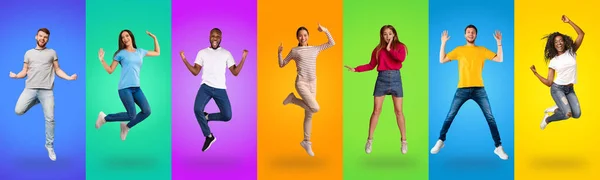 Happy multiethnic millennials grimacing and gesturing on colorful backgrounds — Stockfoto