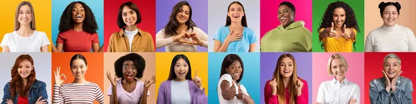 Collection of happy multicultural females photos on studio backgrounds — Stockfoto