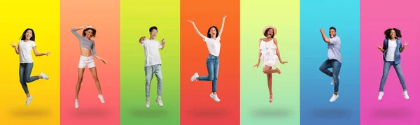 Joyful multiracial people jumping up on colorful backgrounds, collage set — 스톡 사진