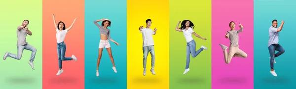 Joyful multiracial team jumping up on colorful backgrounds, collection — Zdjęcie stockowe