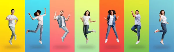 Joyful diverse people jumping up on colorful backgrounds, collage — Fotografia de Stock