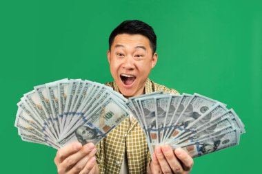 Overjoyed rich mature asian man holding two fans of money, celebrating big financial luck over green background