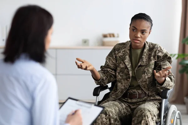Black Soldier Woman With Disability Having Therapy Session With Psychiatrist