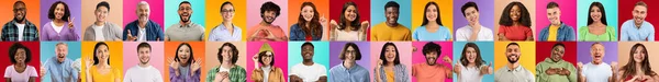 Headshot of glad different people make signs with hands, isolated on colorful background, collage — Stockfoto