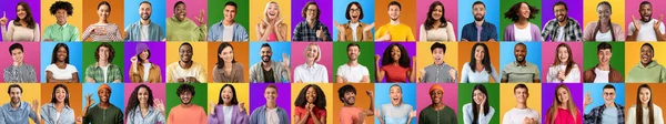 Blij, opgewonden, kalm millennial verschillende mensen maken gebaren en tekens met de handen, geïsoleerd op kleurrijke achtergrond — Stockfoto