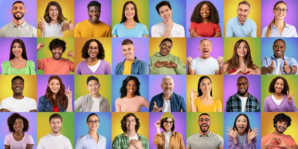 Happy young and adult different people make gestures and signs with hands, isolated on colorful background — Stockfoto