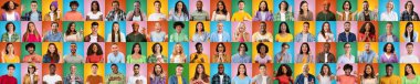 Headshot satisfied millennial, adult different people make gestures with hands, isolated on colorful background
