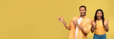 Handsome millennial black man and excited woman pointing at copy space on yellow studio background, banner design