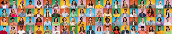 Headshot satisfied millennial, adult different people make gestures with hands, isolated on colorful background — 图库照片