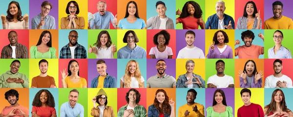 Headshot of positive young and mature multicultural people make signs with hands, studio — Stockfoto