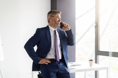 İş görüşmesi. Ofiste cep telefonuyla konuşan kendinden emin orta yaşlı iş adamı.
