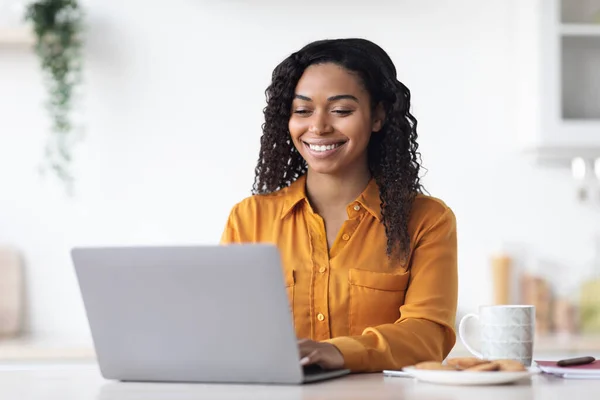 Felice donna afroamericana che lavora da casa, utilizzando il computer portatile — Foto Stock
