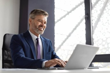 Modern ofiste dizüstü bilgisayarla çalışan orta yaşlı yakışıklı bir iş adamı.