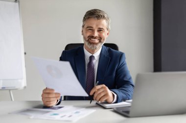Mature Businessman In Suit Working With Documents At Desk In Office