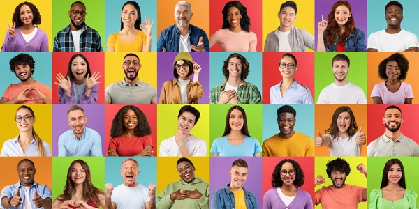 Smiling millennial and mature multicultural people make gestures and signs with hands — Stockfoto