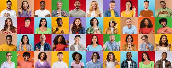 Satisfied, shocked international male and female make gestures, signs with hands, isolated on colorful background — Stockfoto