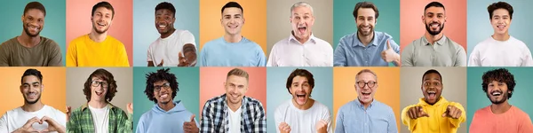 Χαρούμενοι άνδρες διαφορετικής ηλικίας και εθνικότητας ποζάροντας πάνω από το Pastel Studio Backgrounds, — Φωτογραφία Αρχείου