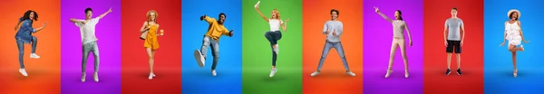 Aktive Millennials posieren auf farbenfrohen Hintergründen, Studioaufnahmen — Stockfoto