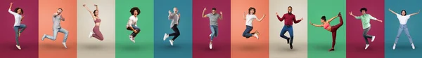 Multiraciale groep van zorgeloze millennial mensen poseren op kleurrijke achtergronden — Stockfoto