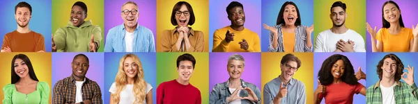 Emocionados hombres y mujeres multiétnicos felices posando sobre coloridos fondos de estudio — Foto de Stock