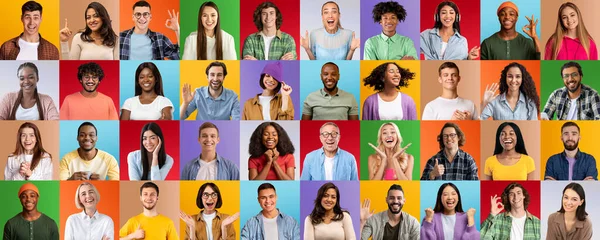 Sorrindo millennial e sênior homens e mulheres internacionais fazer gestos e sinais com as mãos — Fotografia de Stock