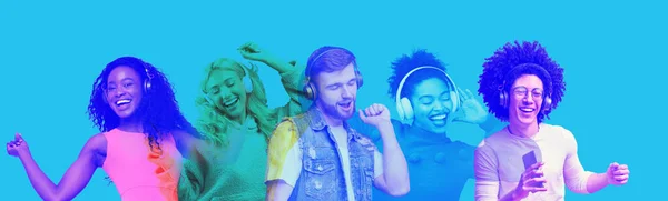 Glada multietniska millennials bär hörlurar, collage, panorama — Stockfoto
