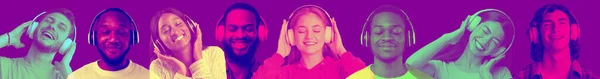 Sorrindo jovens multirraciais usando fones de ouvido, colagem, panorama — Fotografia de Stock